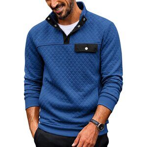 Men Sweatshirt Quarter Button Pullover Sweatshirt Stand Collar Polo Estate Blue